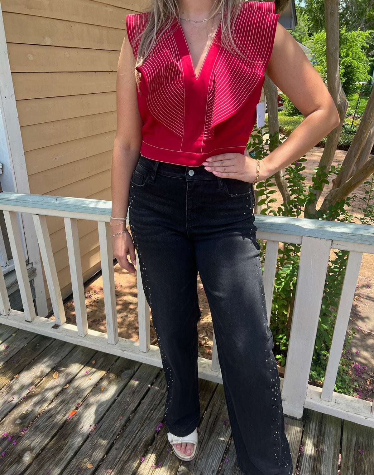 Strut & Bolt Stitch Ruffle V-neck Top