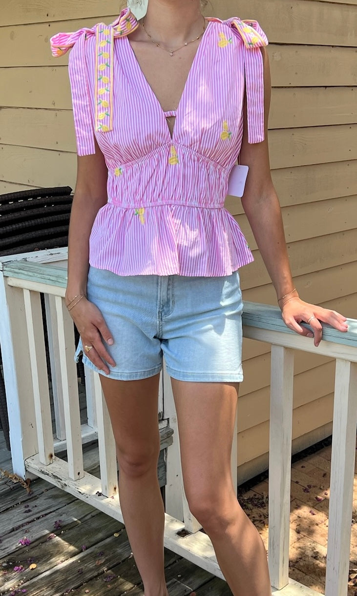 Strut & Bolt Lemon Embroidery Bow Strap Detail Stripe Top