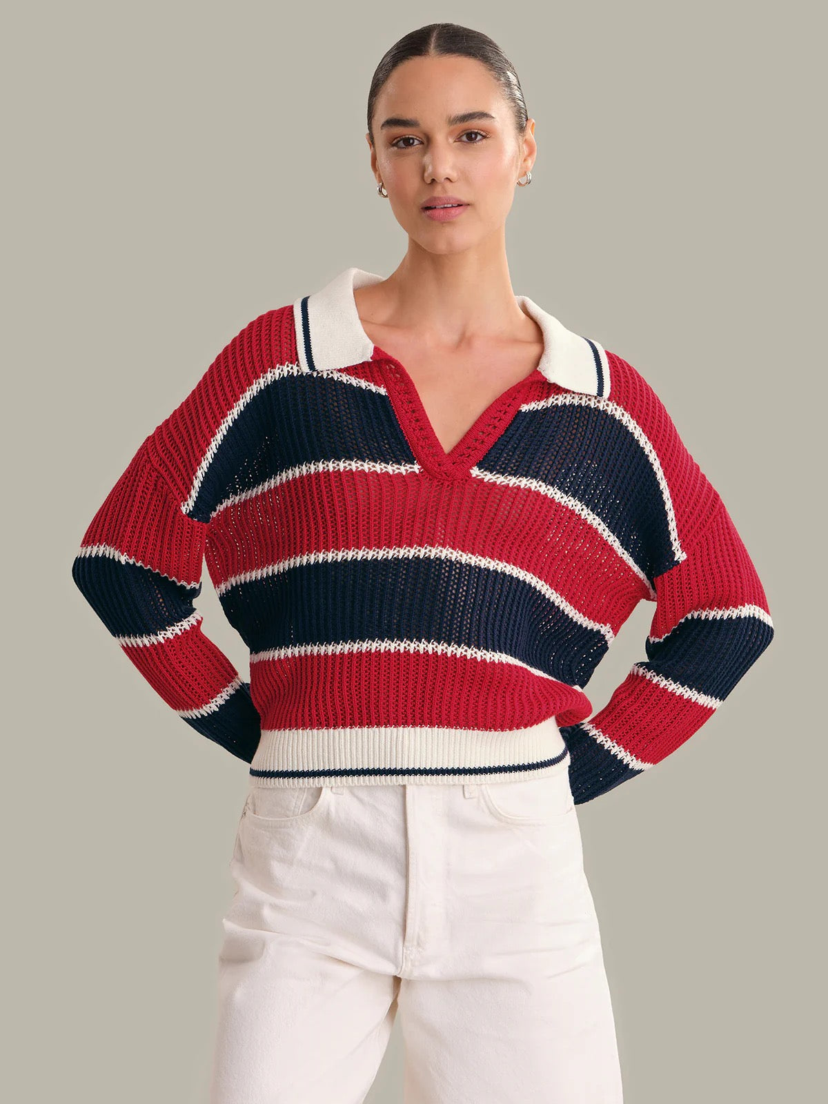 525 America Women's Alexa Rugby Stripe Polo Pullover Racing Red Combo