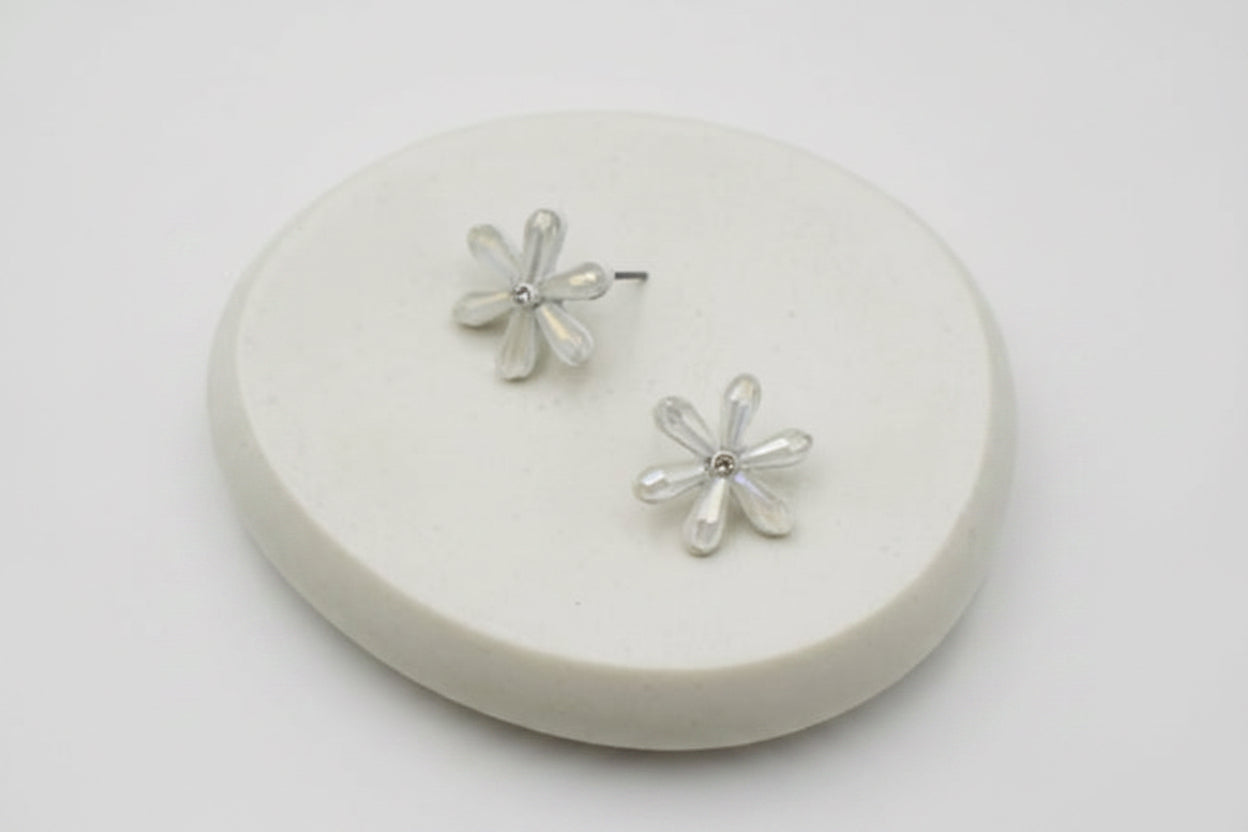 White Crystal Flower Stud Earrings