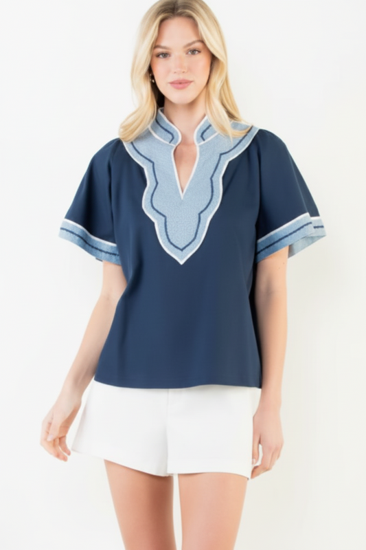 Wide Sleeve Contrast Trim V-Neck Top