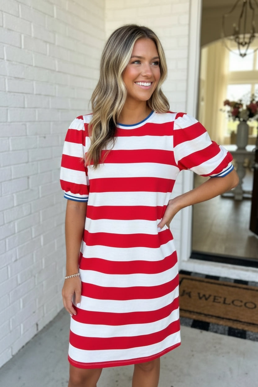 LA Society Stripe Contrast Trim Puff Sleeve Shift Dress