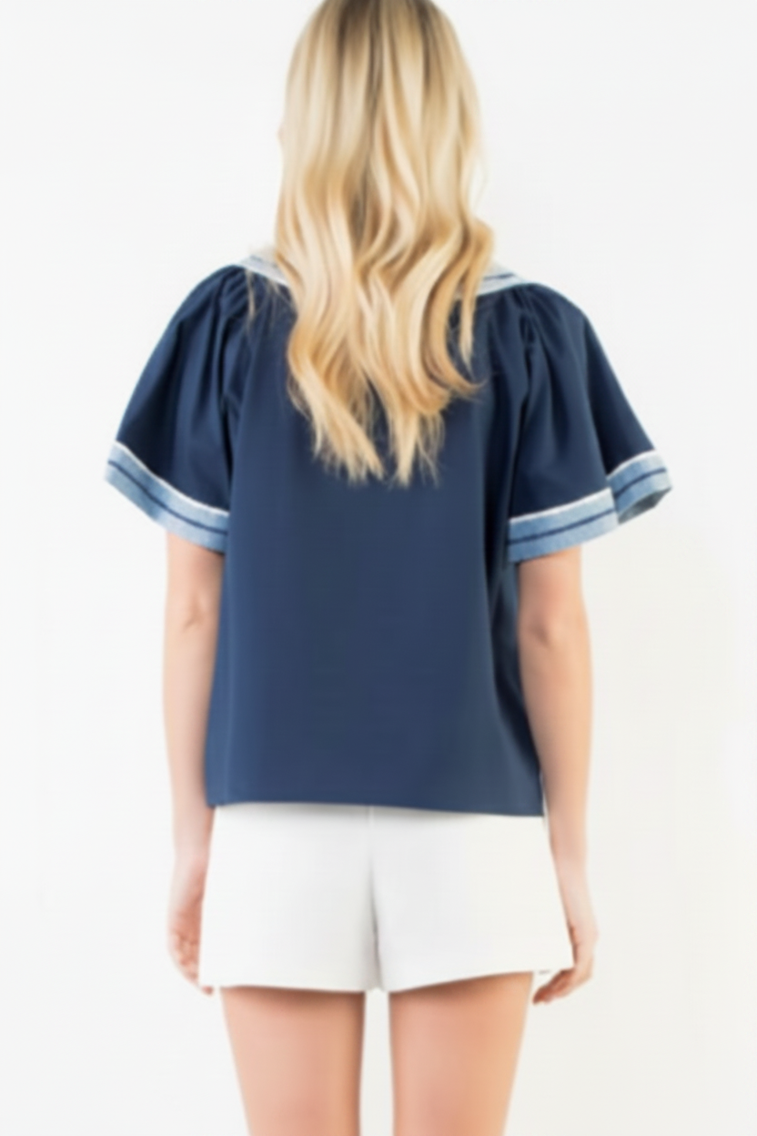 Wide Sleeve Contrast Trim V-Neck Top
