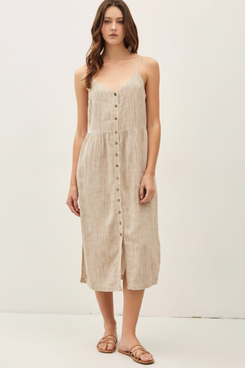 Be Cool Striped Linen Blend Button Up Tank Dress