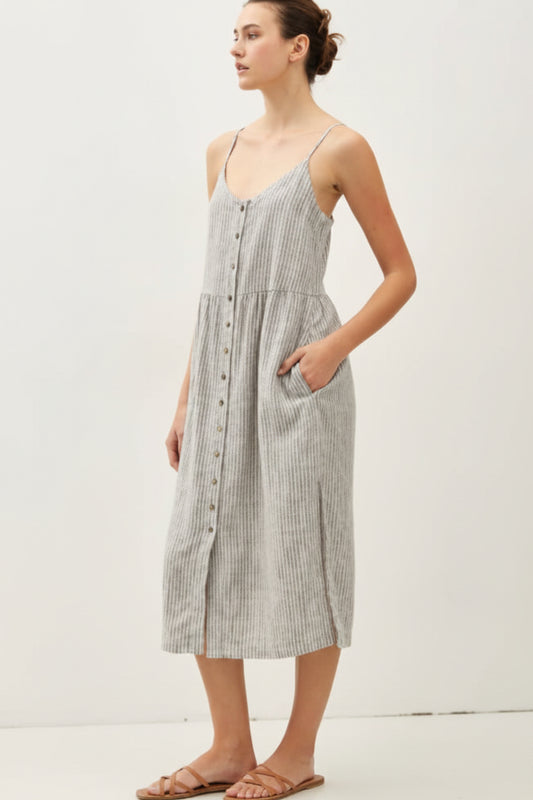 Be Cool Striped Linen Blend Button Up Tank Dress