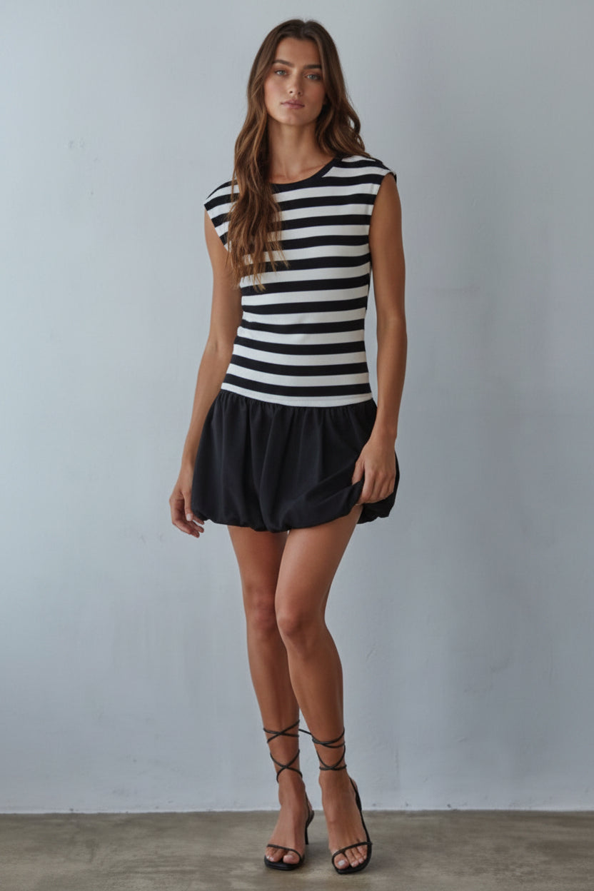 By Together Knit Ribbed Striped Sleeveless Bubble Mini Dress