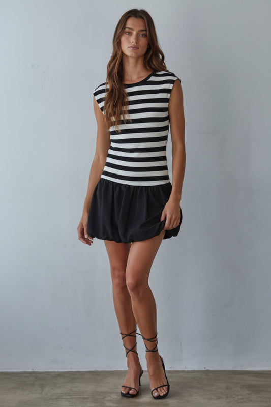 By Together Knit Ribbed Striped Sleeveless Bubble Mini Dress