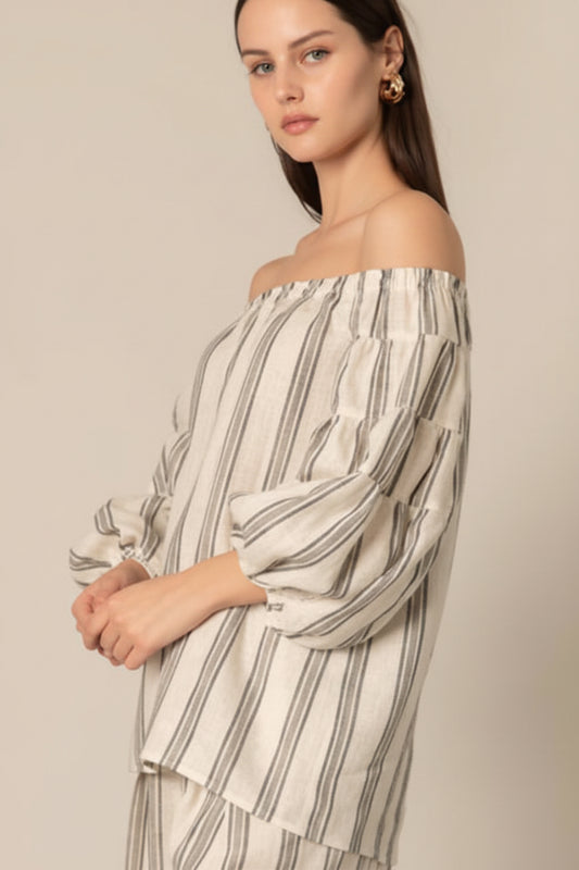 P.CILL Striped Print Linen Off Shoulder Top