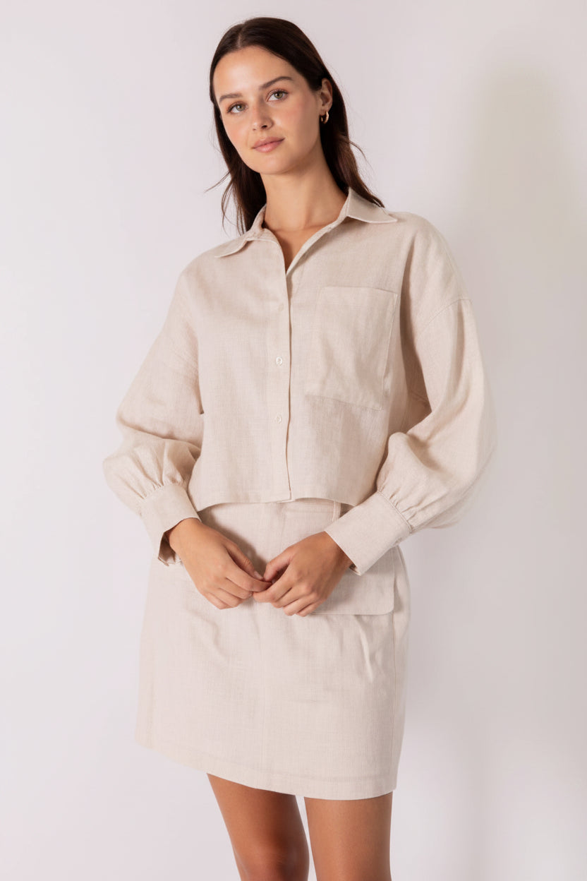 P.CILL 100% Linen Cropped Button Up Shirt