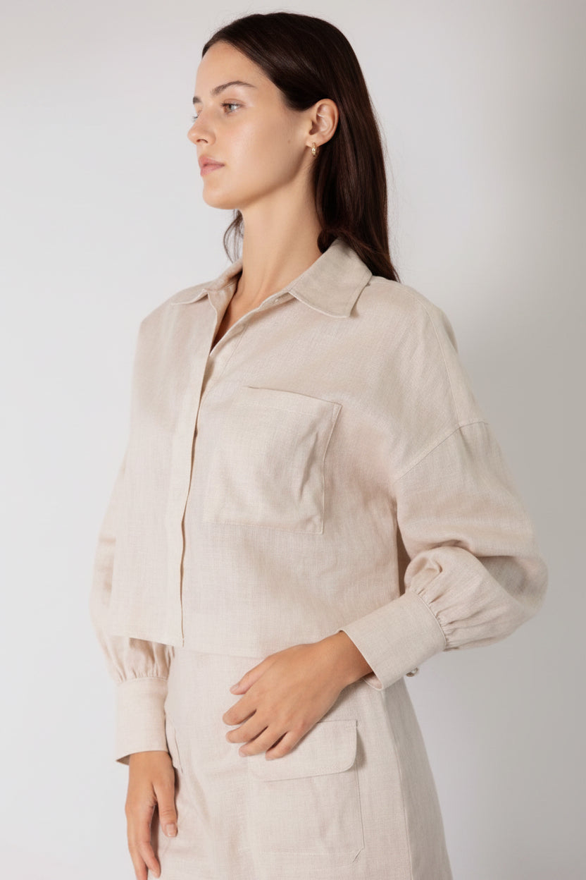 P.CILL 100% Linen Cropped Button Up Shirt
