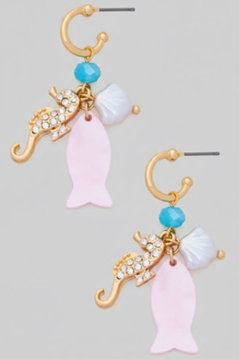 Marbled Acrylic Fish Seahorse Charm Hoops